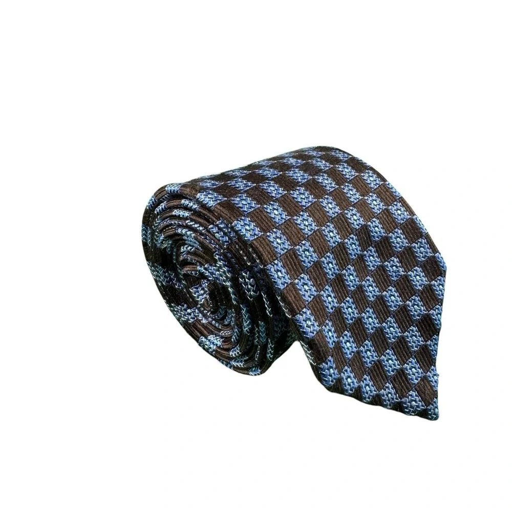Ermenegildo Zegna Mens Brown Blue Geometric Silk Tie Italy 3.5 Inch Width